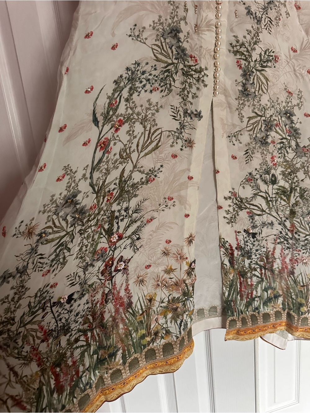 Cream Floral Maxi Dress with Pearl-Accent Front - Picture 4 of 5